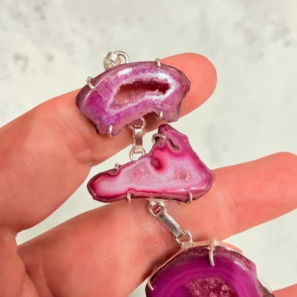 Pink Druzy Agate Slice Toggle Bracelet 925 Silver Plated